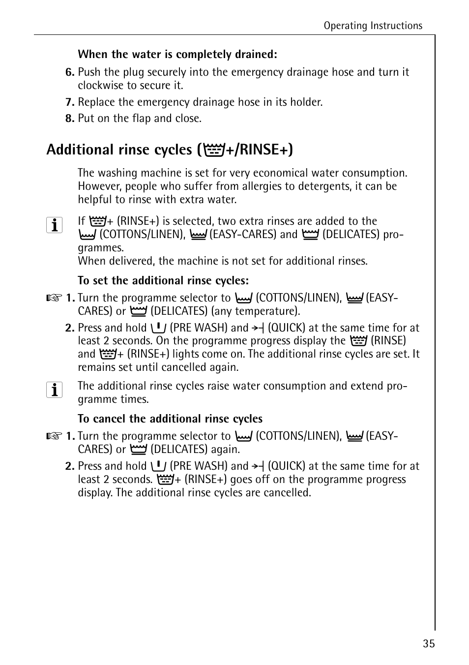 Additional rinse cycles ( á +/rinse+) | AEG LAVAMAT W 857 User Manual | Page 35 / 52