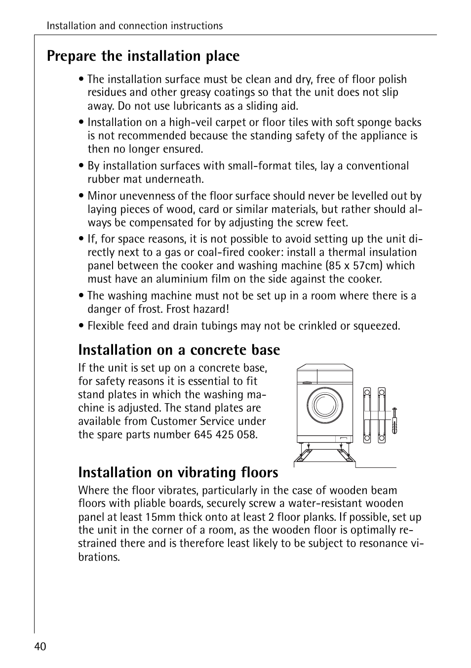 Prepare the installation place, Installation on a concrete base, Installation on vibrating floors | AEG LAVAMAT W 857 User Manual | Page 40 / 52