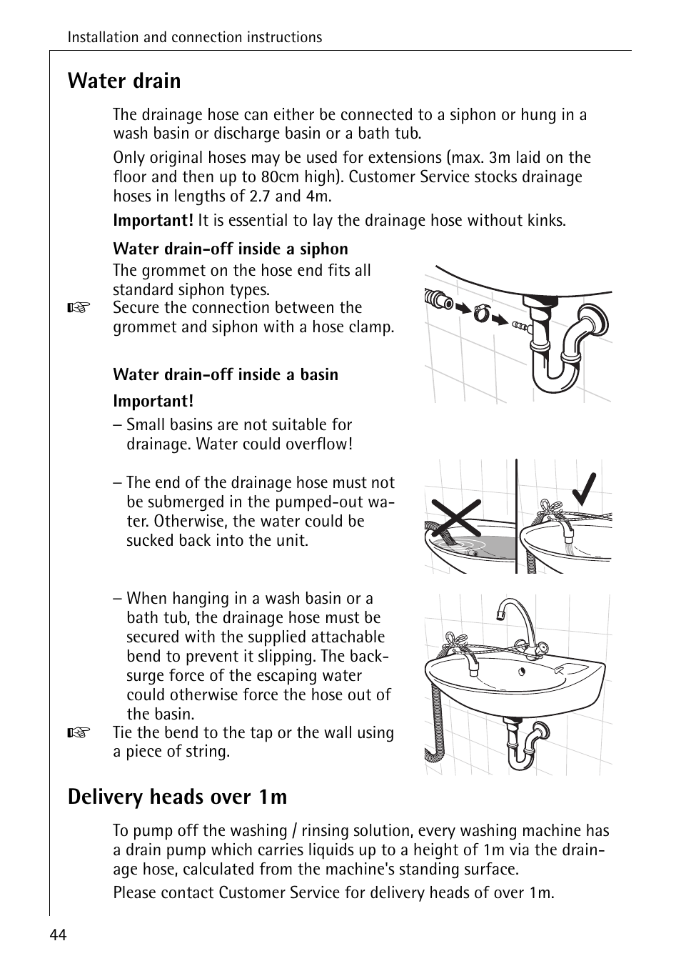 Water drain, Delivery heads over 1m | AEG LAVAMAT W 857 User Manual | Page 44 / 52