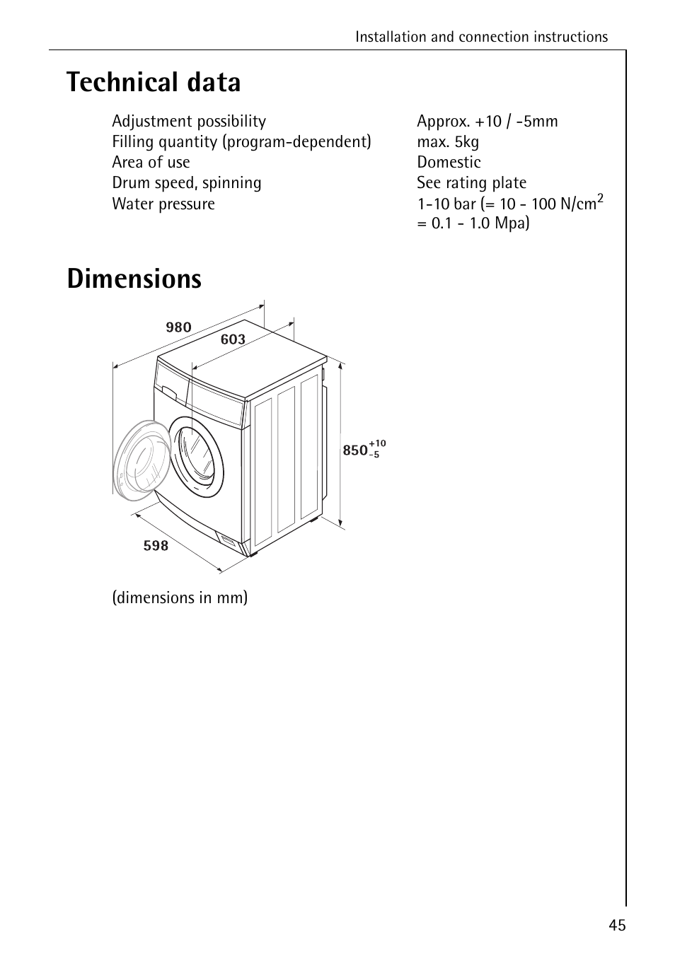 Technical data dimensions | AEG LAVAMAT W 857 User Manual | Page 45 / 52