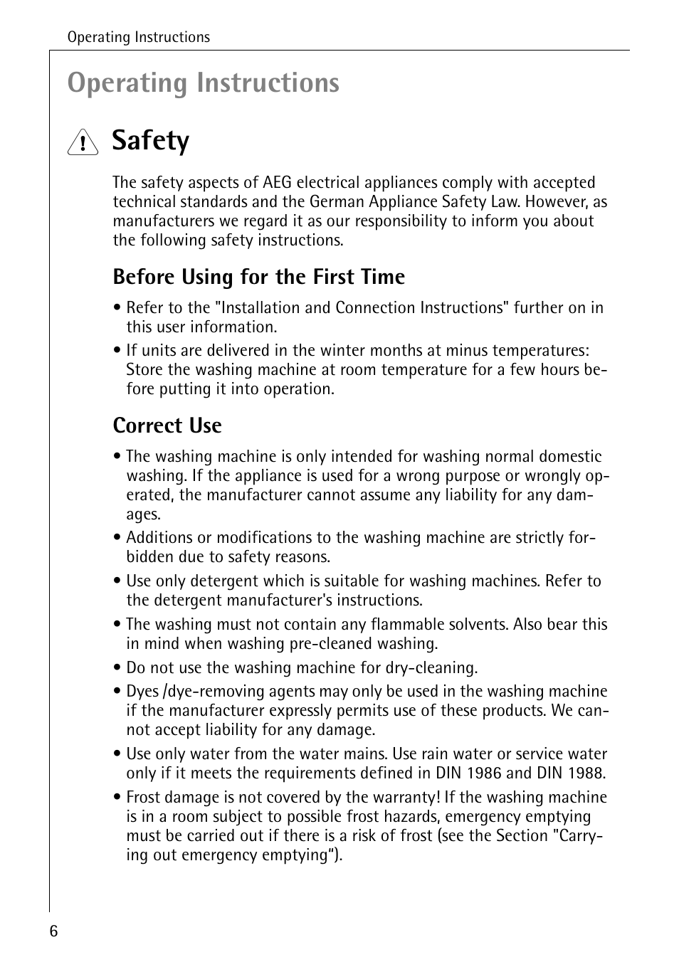 Operating instructions, Safety, Before using for the first time | Correct use | AEG LAVAMAT W 857 User Manual | Page 6 / 52