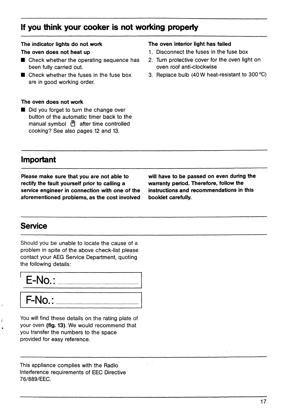 E-no.: f-no, If you think your cooker is not working property, Important | Service | AEG B 60 D User Manual | Page 17 / 20