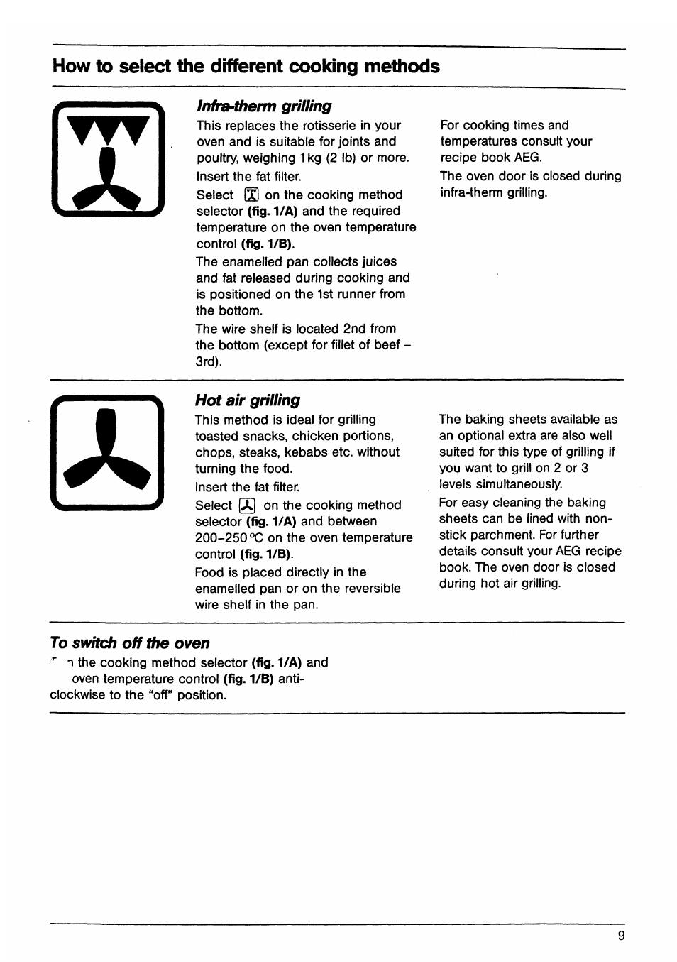 How to select the different cooking methods | AEG B 60 D User Manual | Page 9 / 20