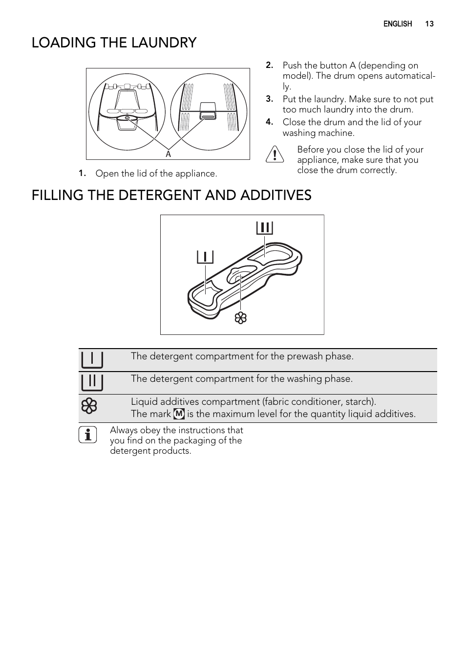 Loading the laundry, Filling the detergent and additives | AEG L 60260 TL User Manual | Page 13 / 32
