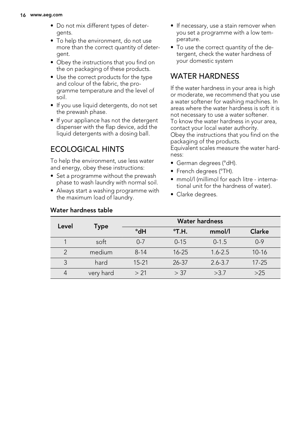 Ecological hints, Water hardness | AEG L 60260 TL User Manual | Page 16 / 32