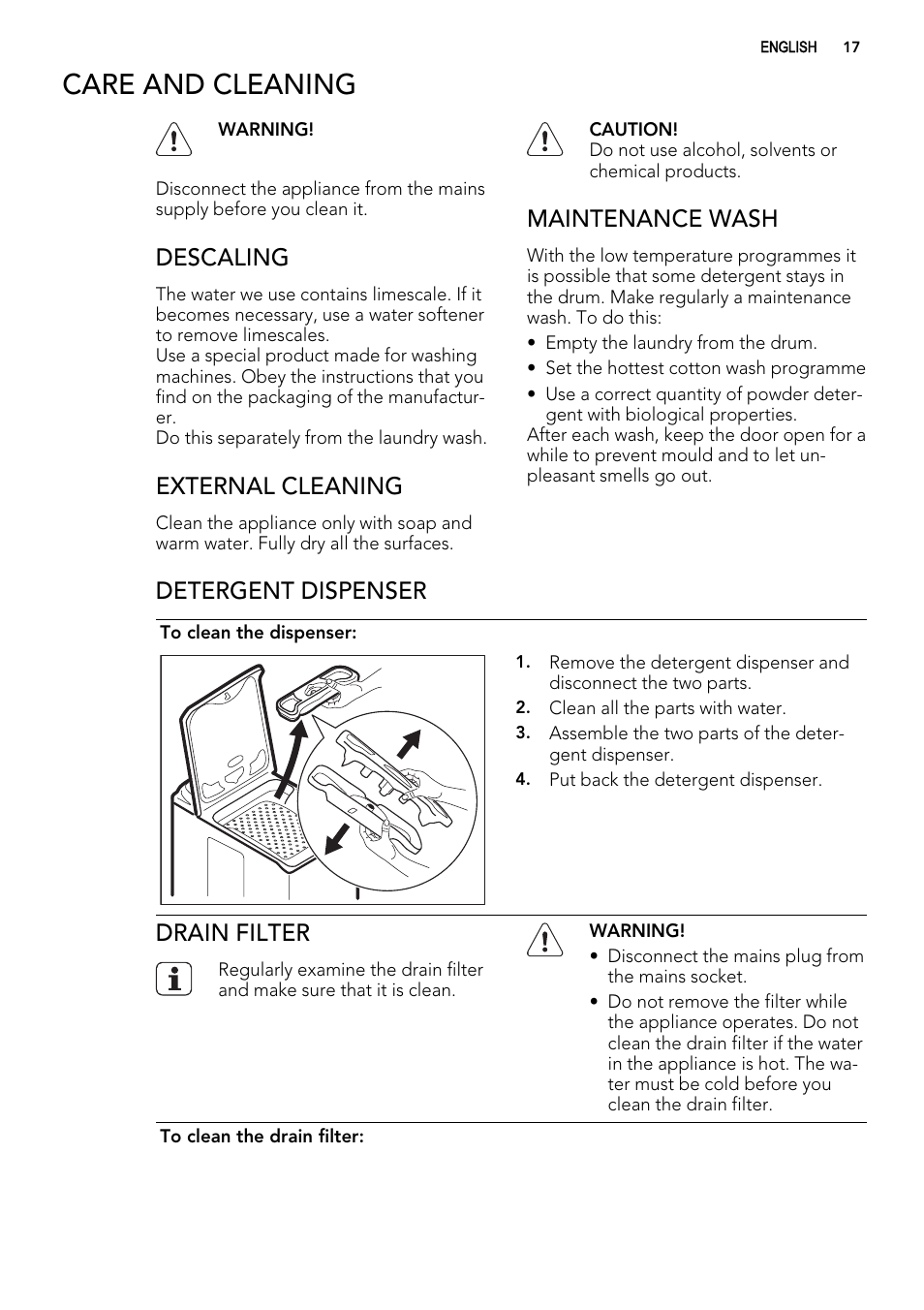 Care and cleaning, Descaling, External cleaning | Maintenance wash, Detergent dispenser, Drain filter | AEG L 60260 TL User Manual | Page 17 / 32