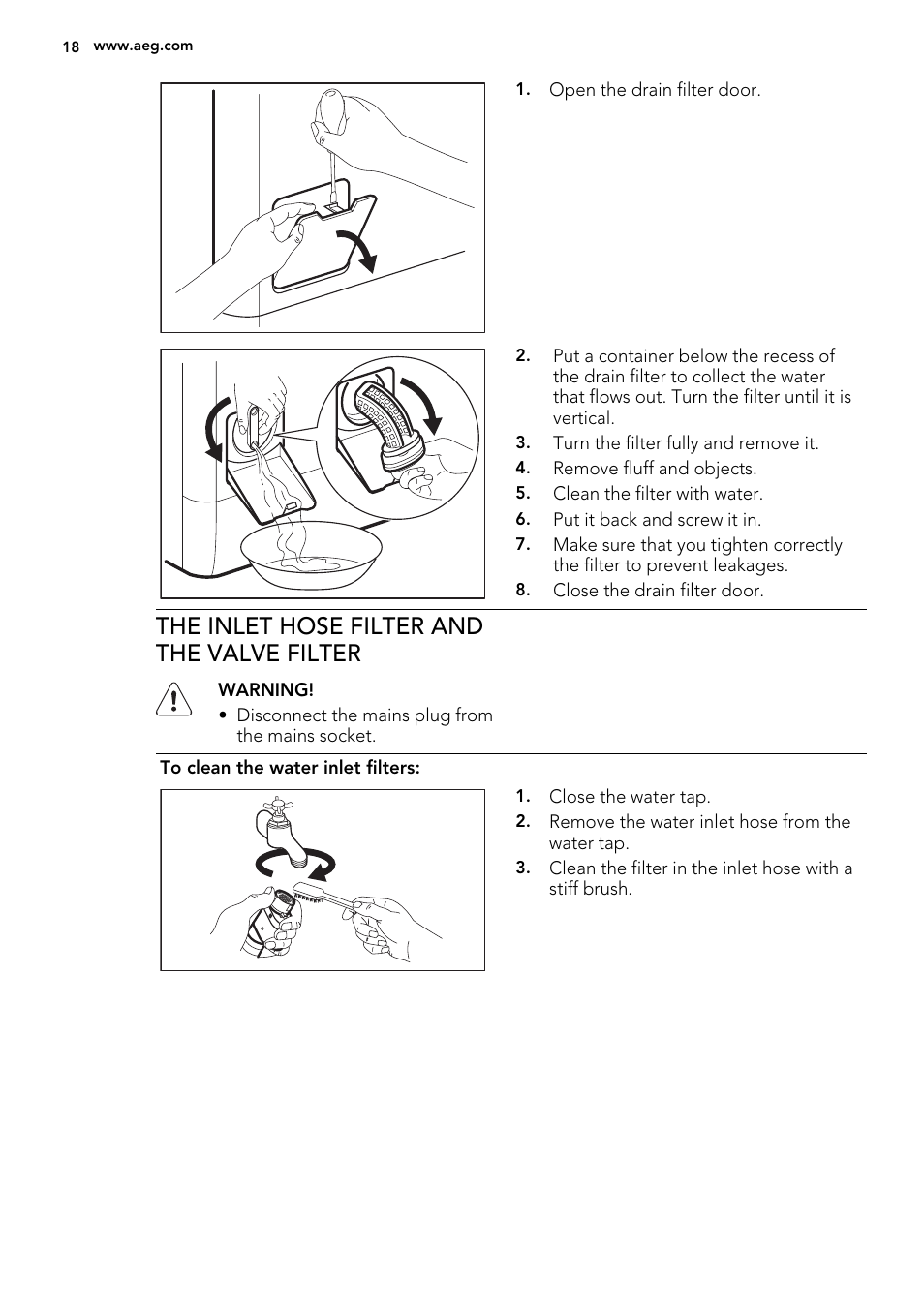 The inlet hose filter and the valve filter | AEG L 60260 TL User Manual | Page 18 / 32