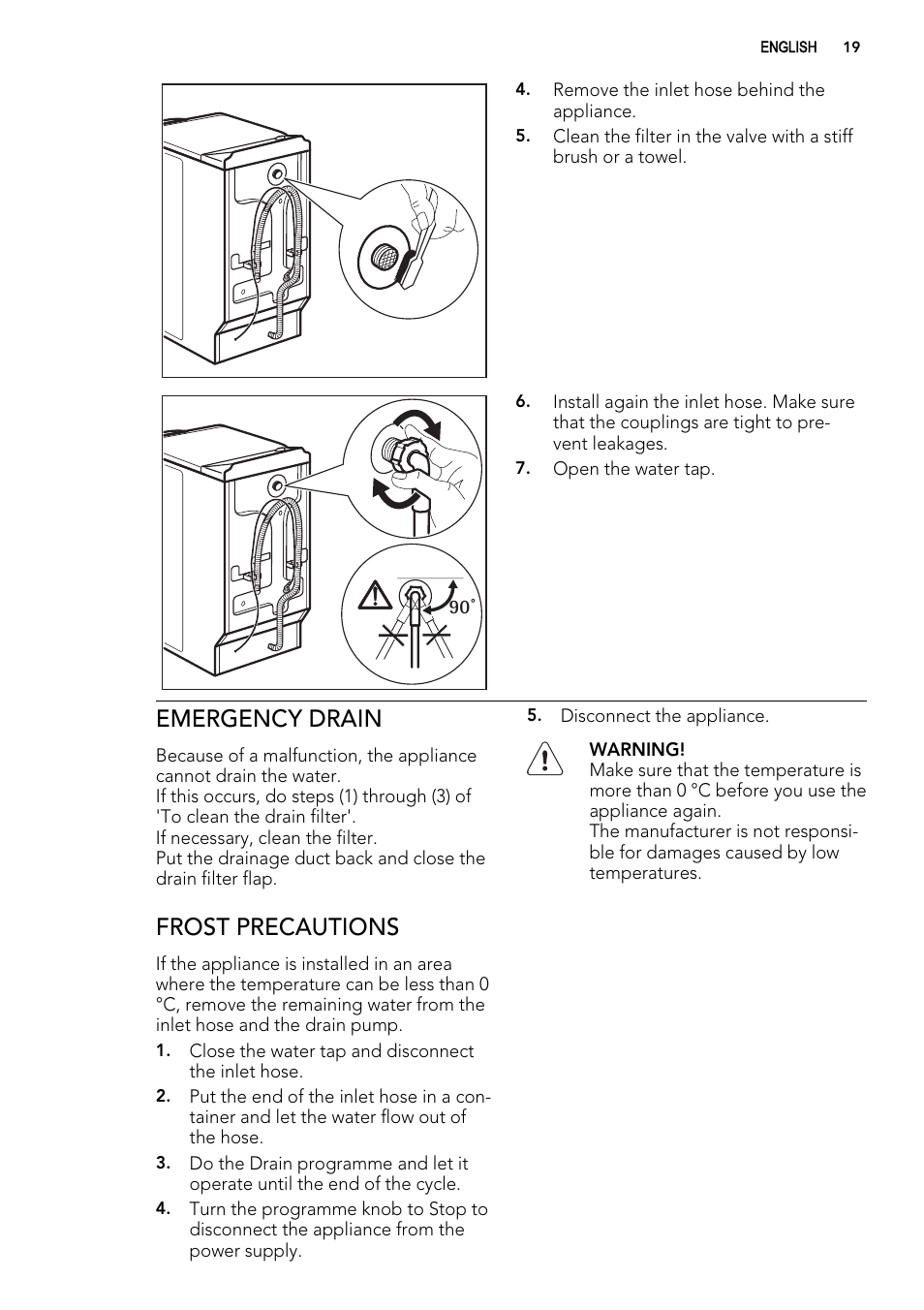 Emergency drain, Frost precautions | AEG L 60260 TL User Manual | Page 19 / 32