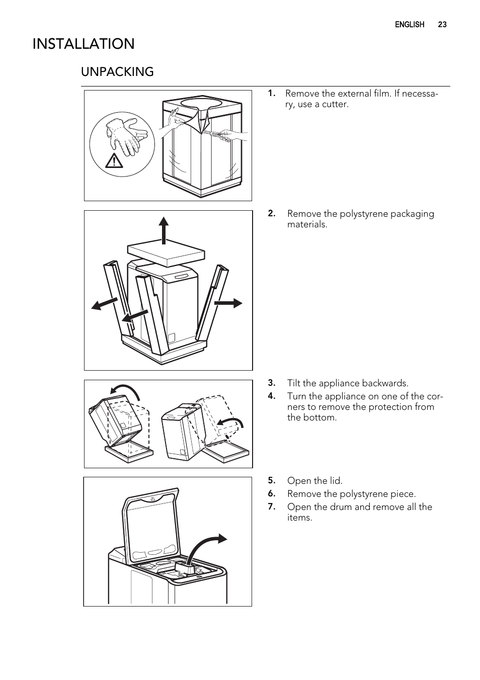 Installation, Unpacking | AEG L 60260 TL User Manual | Page 23 / 32