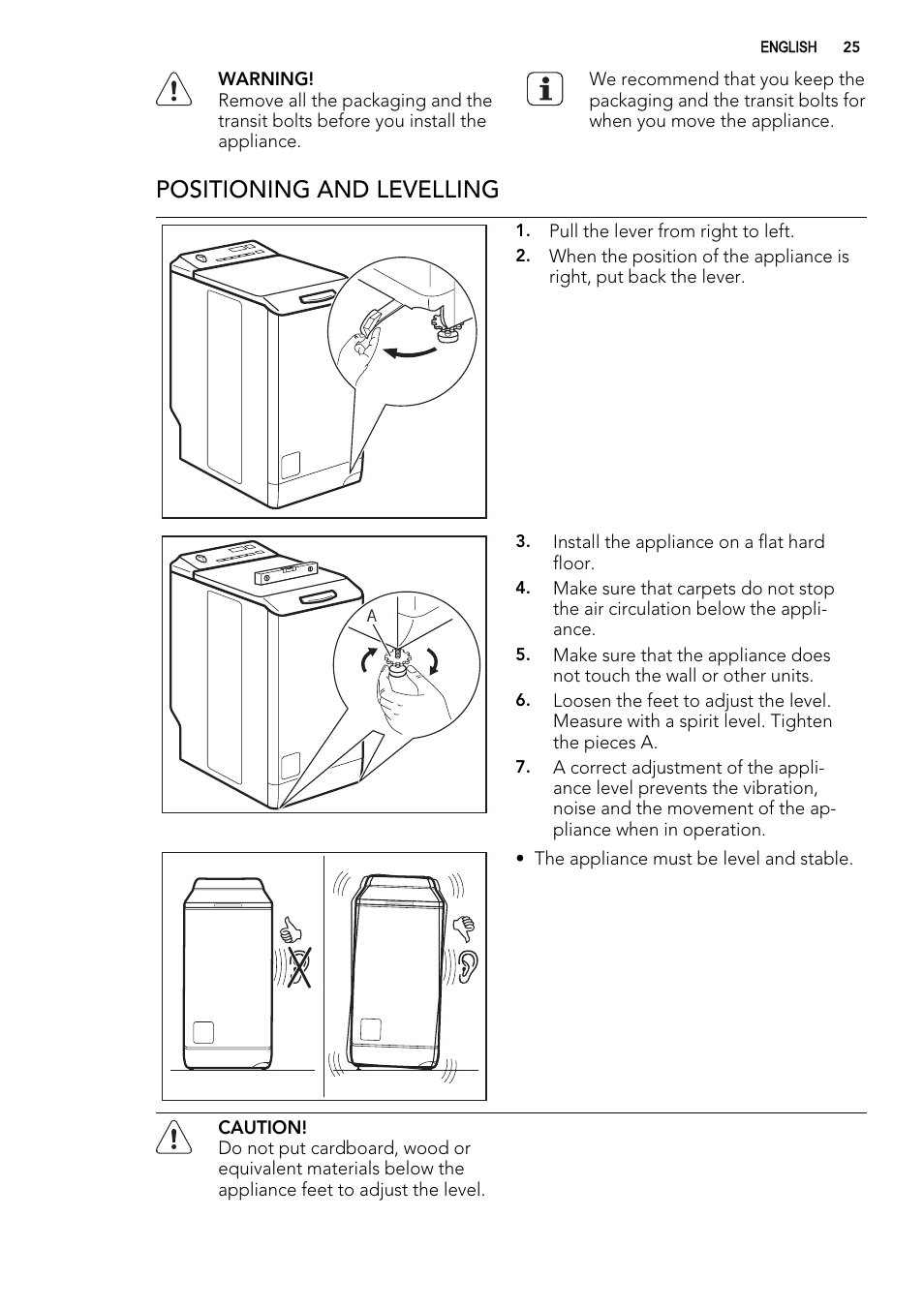 Positioning and levelling | AEG L 60260 TL User Manual | Page 25 / 32