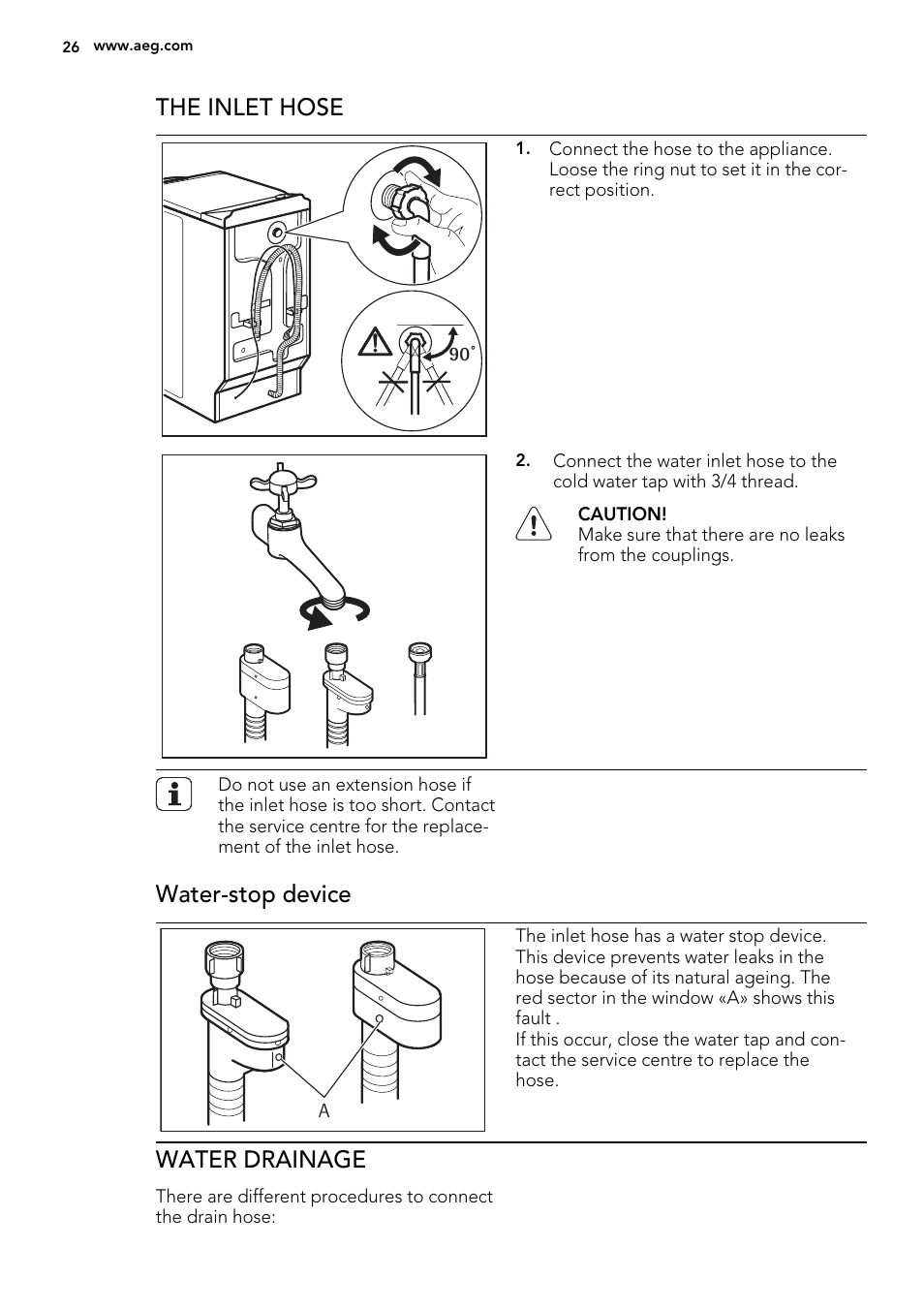 The inlet hose, Water-stop device, Water drainage | AEG L 60260 TL User Manual | Page 26 / 32