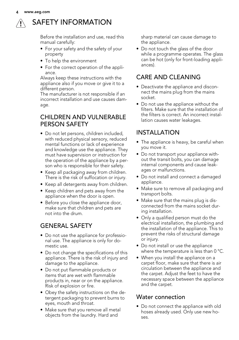 Safety information, Children and vulnerable person safety, General safety | Care and cleaning, Installation, Water connection | AEG L 60260 TL User Manual | Page 4 / 32