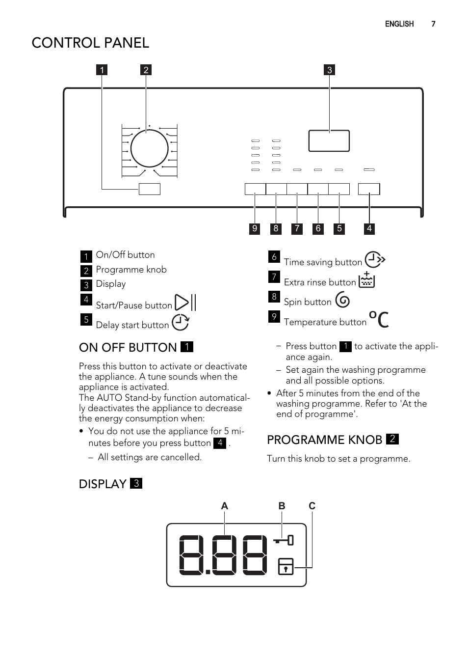 Control panel, On off button, Programme knob | Display | AEG L 60260 TL User Manual | Page 7 / 32