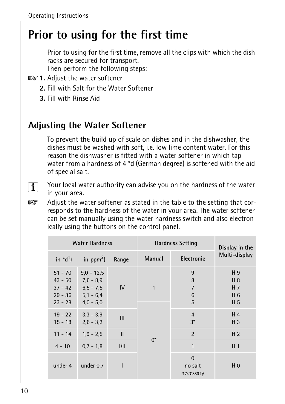 Prior to using for the first time, Adjusting the water softener | AEG FAVORIT 3A User Manual | Page 10 / 40