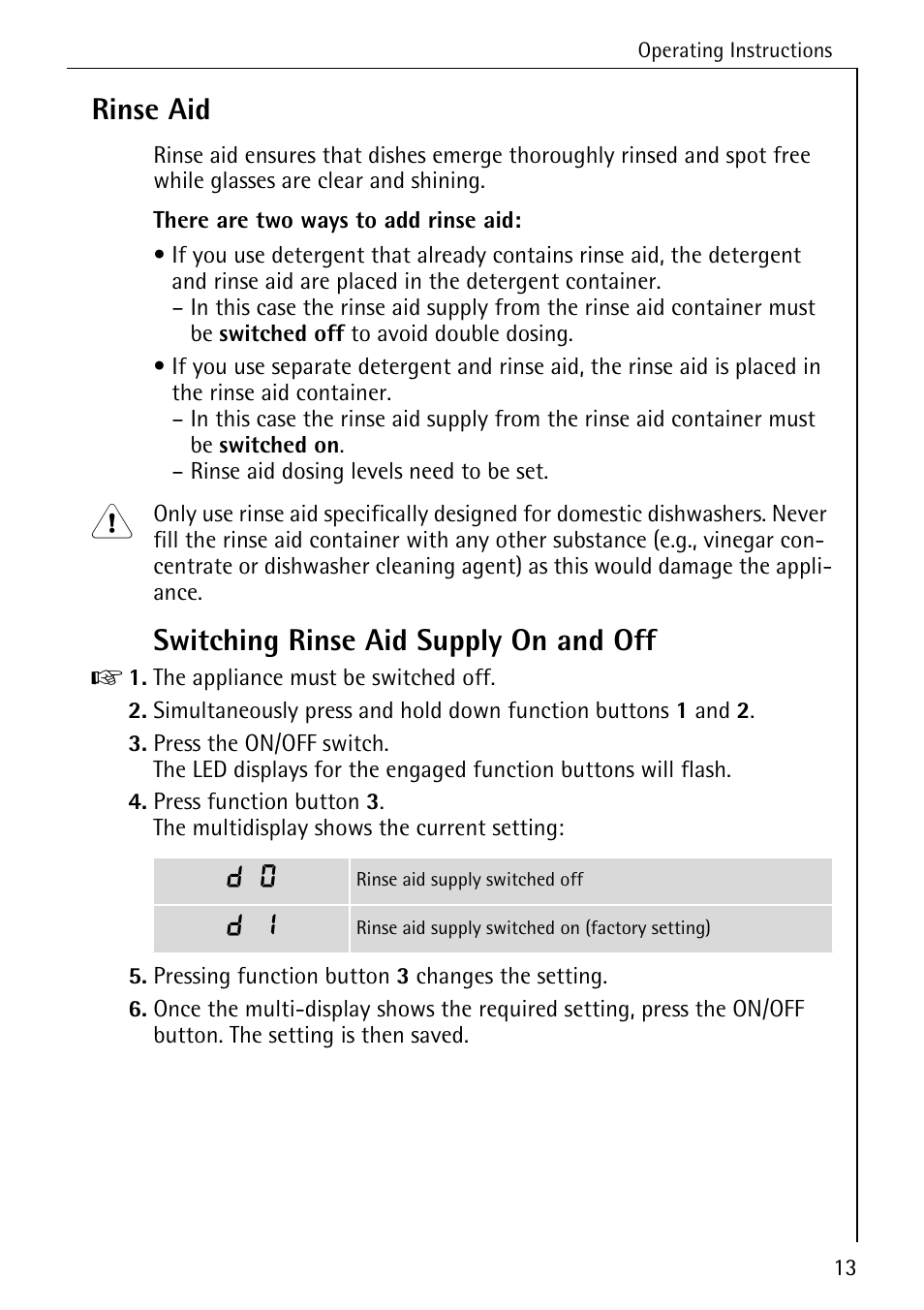 Rinse aid, Switching rinse aid supply on and off | AEG FAVORIT 3A User Manual | Page 13 / 40