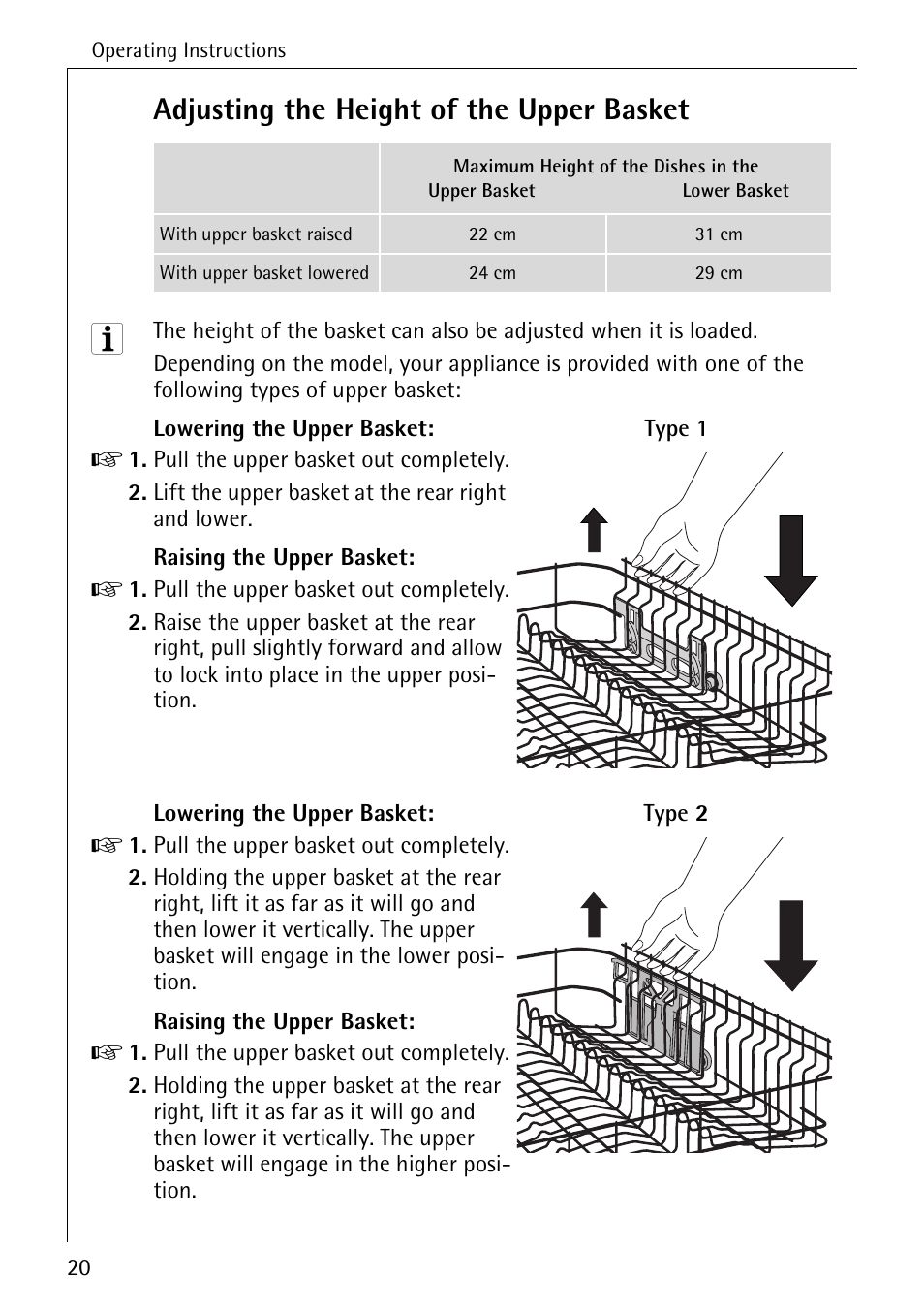 Adjusting the height of the upper basket | AEG FAVORIT 3A User Manual | Page 20 / 40