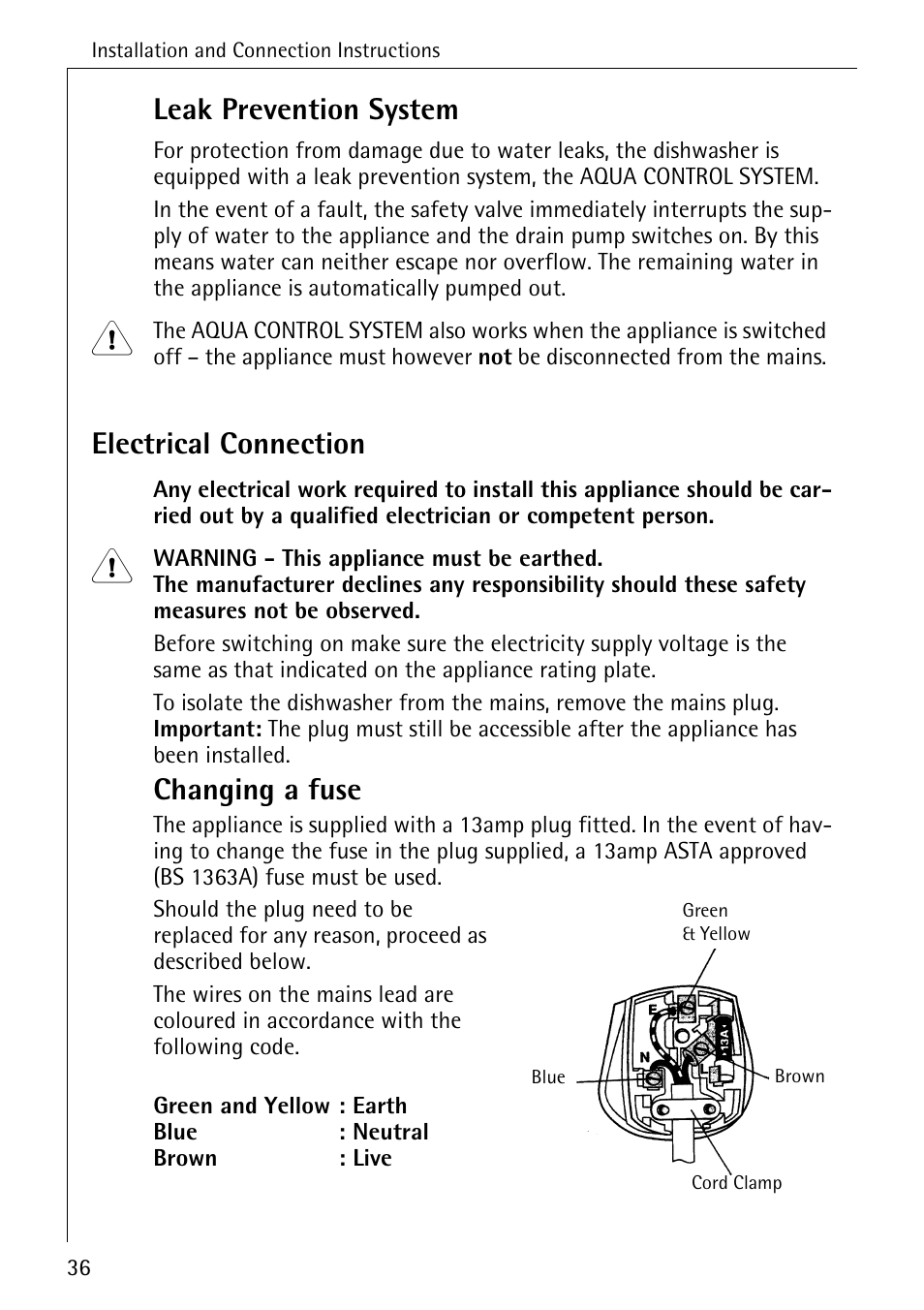 Leak prevention system, Electrical connection, Changing a fuse | AEG FAVORIT 3A User Manual | Page 36 / 40