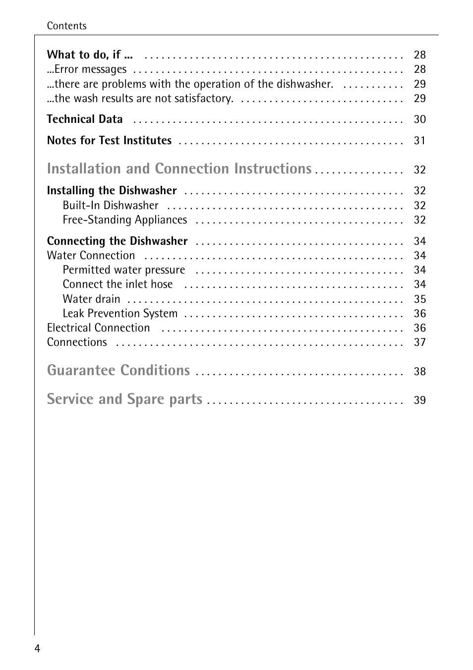 Installation and connection instructions, Guarantee conditions, Service and spare parts | AEG FAVORIT 3A User Manual | Page 4 / 40