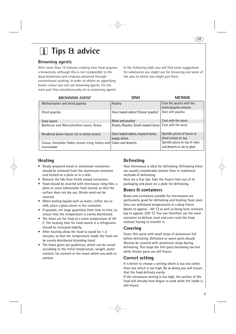 Tips & advice, Browning agents, Heating | Defrosting, Boxes & containers, Covering, Correct setting | AEG MC1761E  EN User Manual | Page 11 / 32