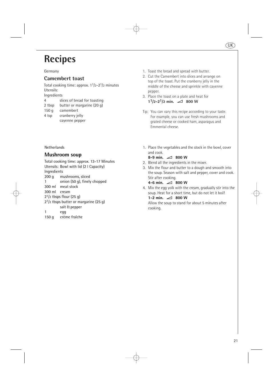 Recipes, Camembert toast, Mushroom soup | AEG MC1761E  EN User Manual | Page 23 / 32