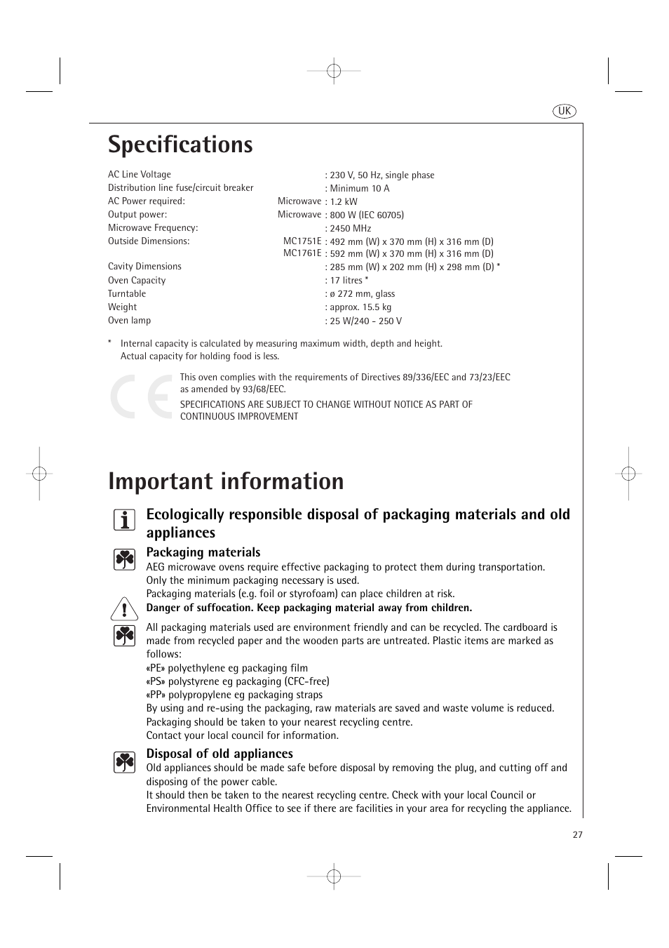 Specifications important information | AEG MC1761E  EN User Manual | Page 29 / 32