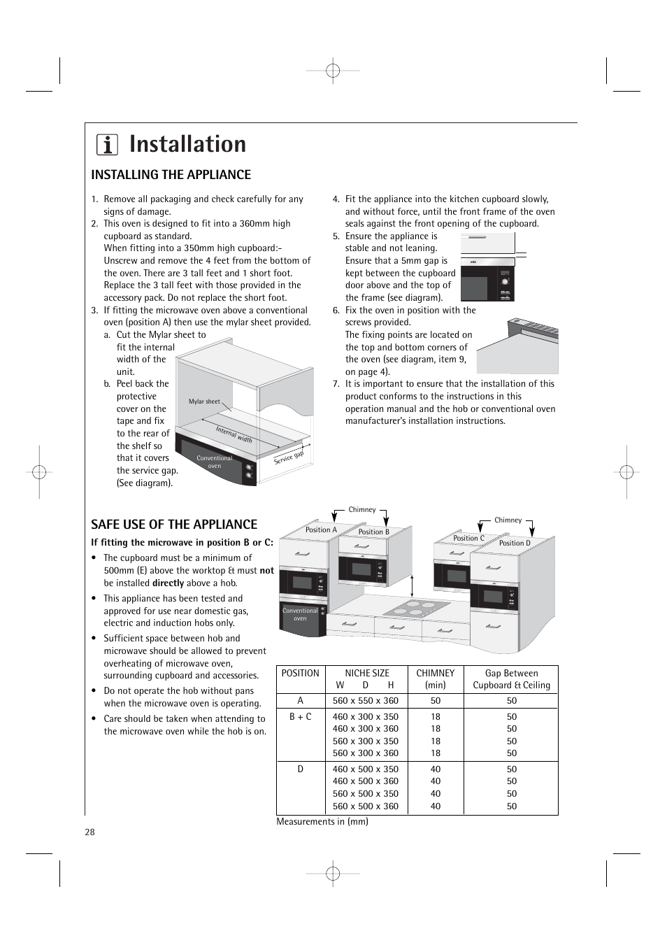 Installation, Safe use of the appliance installing the appliance | AEG MC1761E  EN User Manual | Page 30 / 32