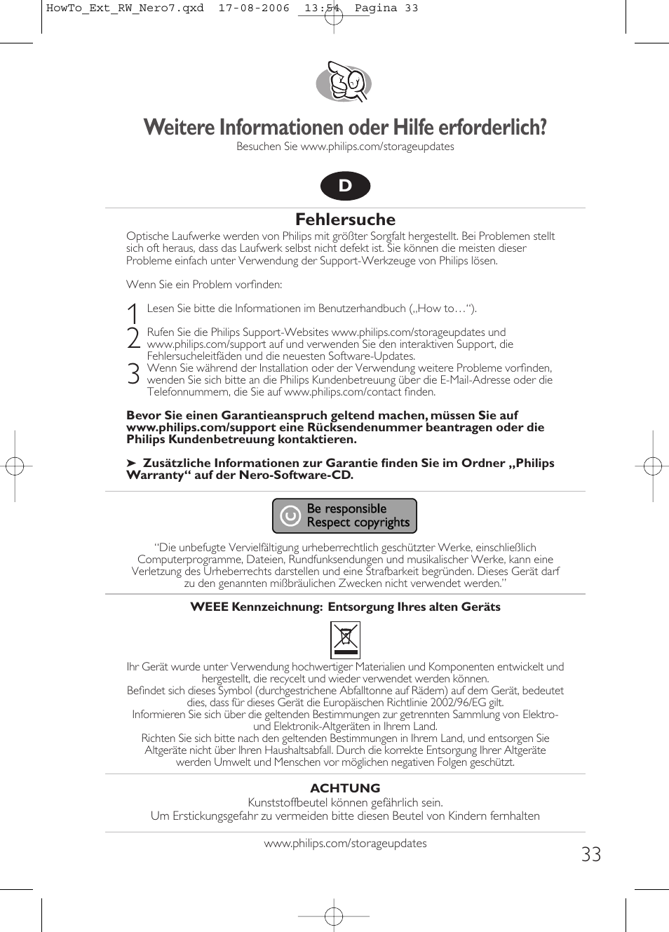 Weitere informationen oder hilfe erforderlich, Fehlersuche | Philips How to for External ReWriters using Nero 7 User Manual | Page 33 / 72