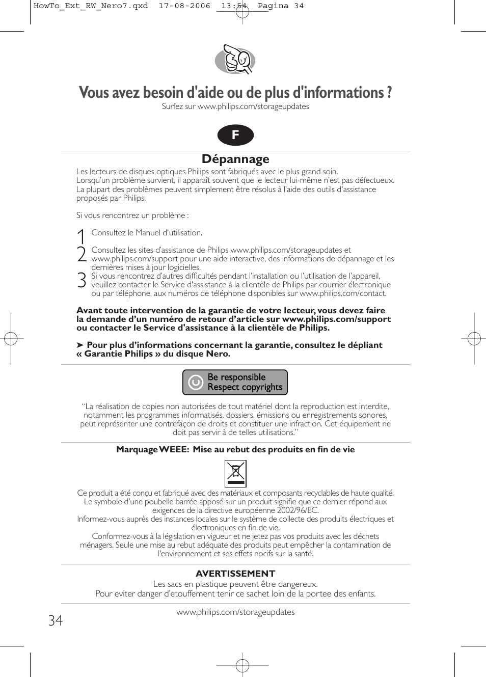 Vous avez besoin d'aide ou de plus d'informations, Dépannage | Philips How to for External ReWriters using Nero 7 User Manual | Page 34 / 72