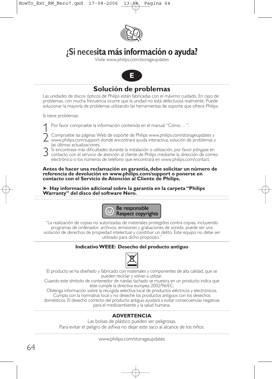 Si neces ita más información o ayuda, Solución de problemas | Philips How to for External ReWriters using Nero 7 User Manual | Page 64 / 72