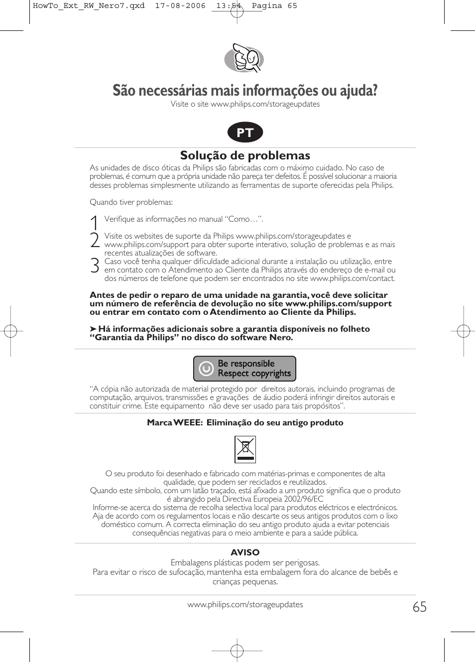 São necessárias mais informações ou ajuda, Solução de problemas | Philips How to for External ReWriters using Nero 7 User Manual | Page 65 / 72