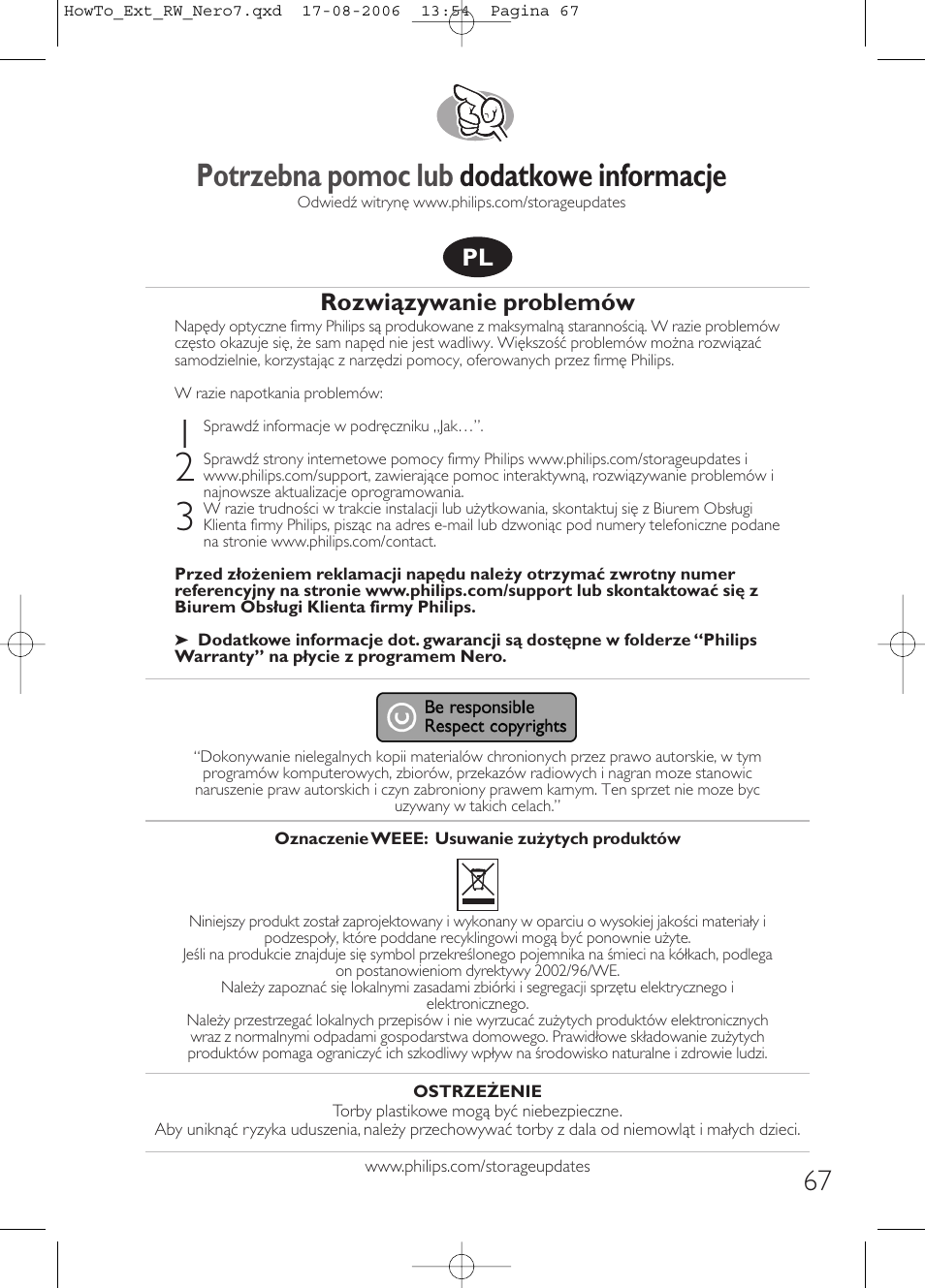 Potrzebna pomoc lub dodatkowe informacje, Rozwiązywanie problemów | Philips How to for External ReWriters using Nero 7 User Manual | Page 67 / 72