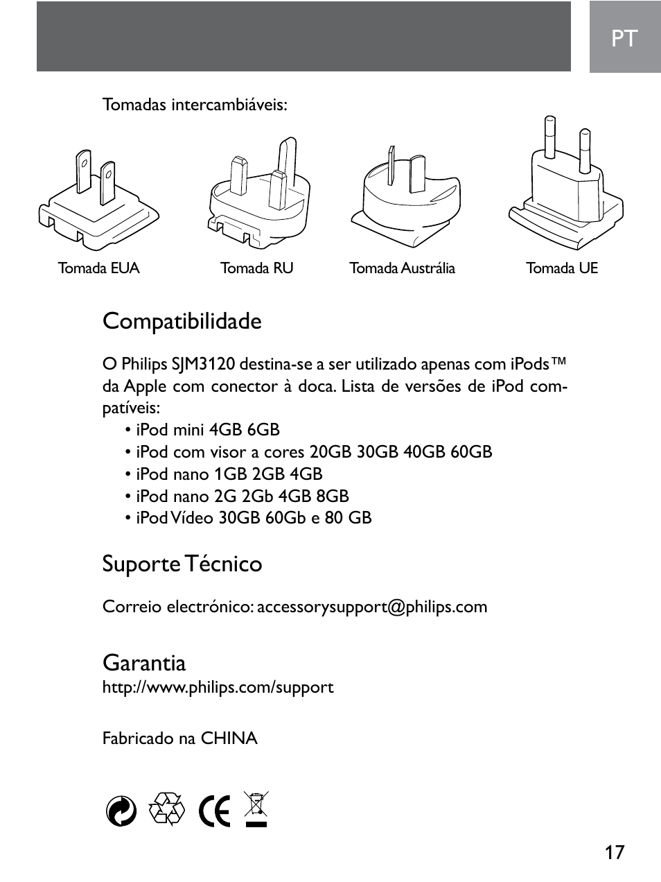 Compatibilidade, Suporte técnico, Garantia | Philips Cargador de pared User Manual | Page 17 / 34