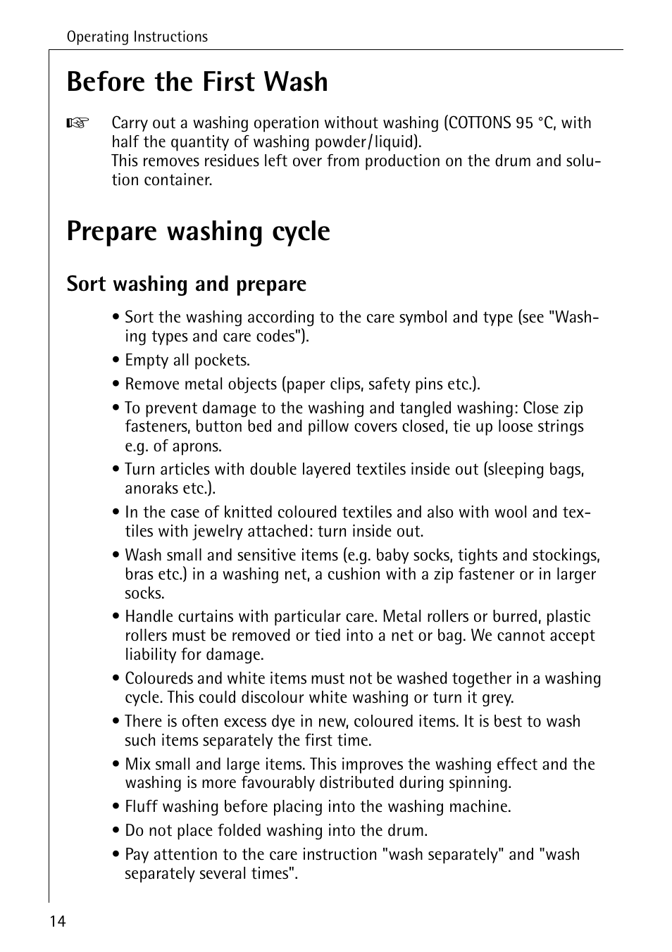 Before the first wash, Prepare washing cycle, Sort washing and prepare | AEG LAVAMAT 72630 User Manual | Page 14 / 56