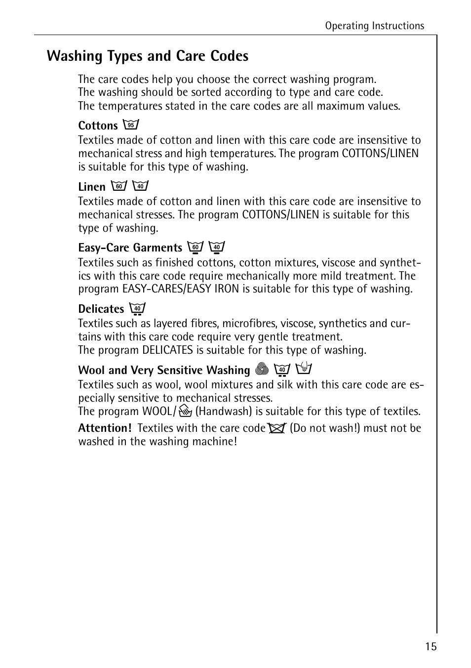 Washing types and care codes | AEG LAVAMAT 72630 User Manual | Page 15 / 56