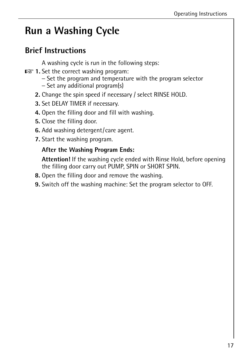 Run a washing cycle, Brief instructions | AEG LAVAMAT 72630 User Manual | Page 17 / 56
