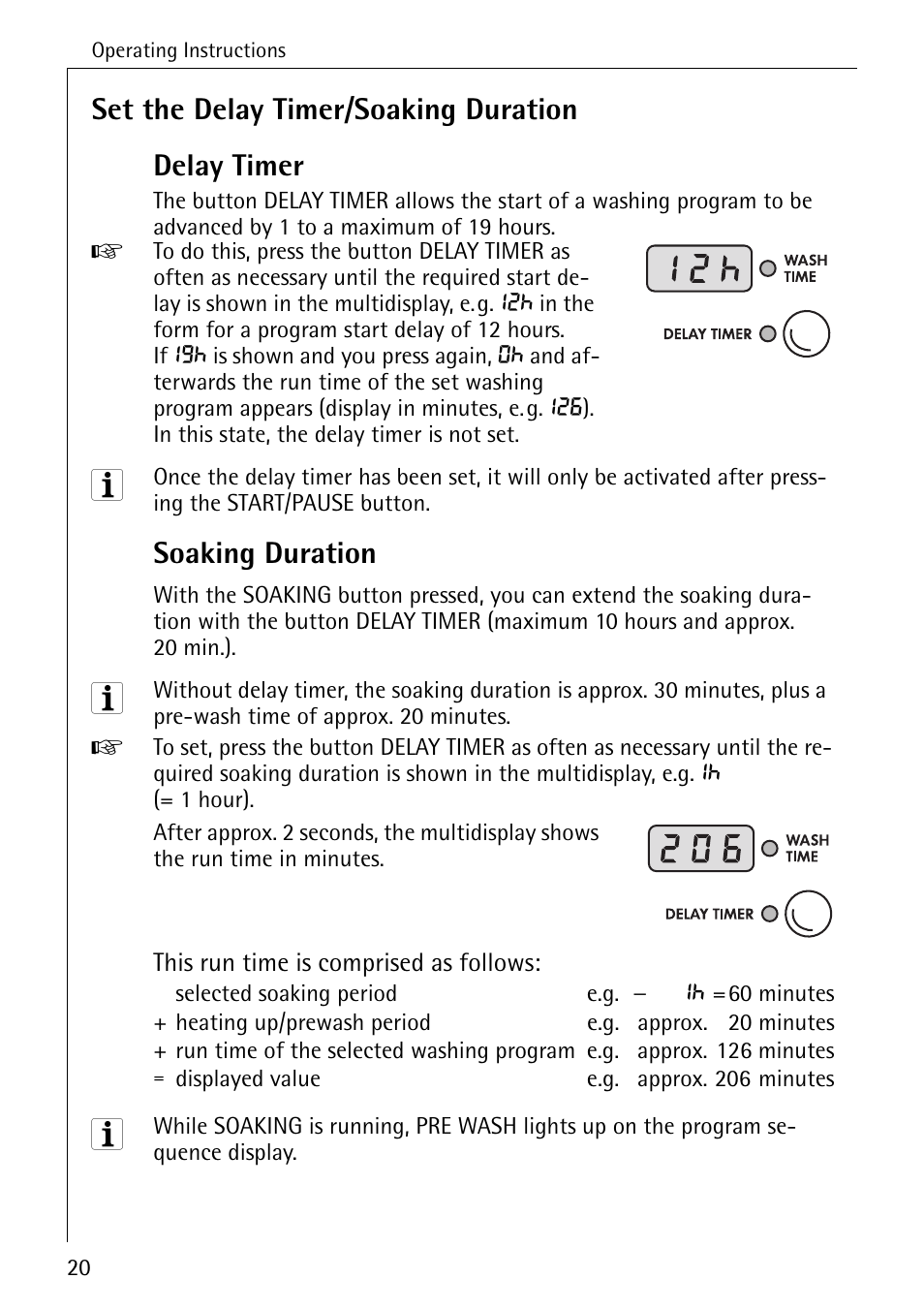 Set the delay timer/soaking duration delay timer, Soaking duration | AEG LAVAMAT 72630 User Manual | Page 20 / 56