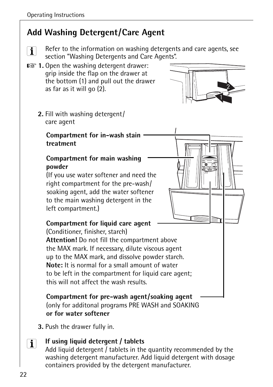 Add washing detergent/care agent | AEG LAVAMAT 72630 User Manual | Page 22 / 56