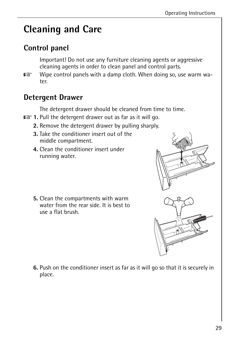 Cleaning and care, Control panel, Detergent drawer | AEG LAVAMAT 72630 User Manual | Page 29 / 56