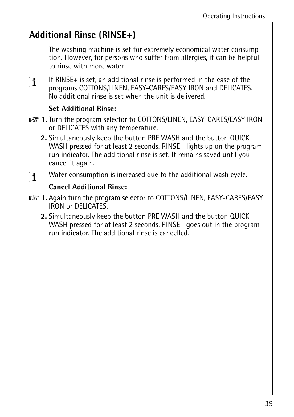 Additional rinse (rinse+) | AEG LAVAMAT 72630 User Manual | Page 39 / 56