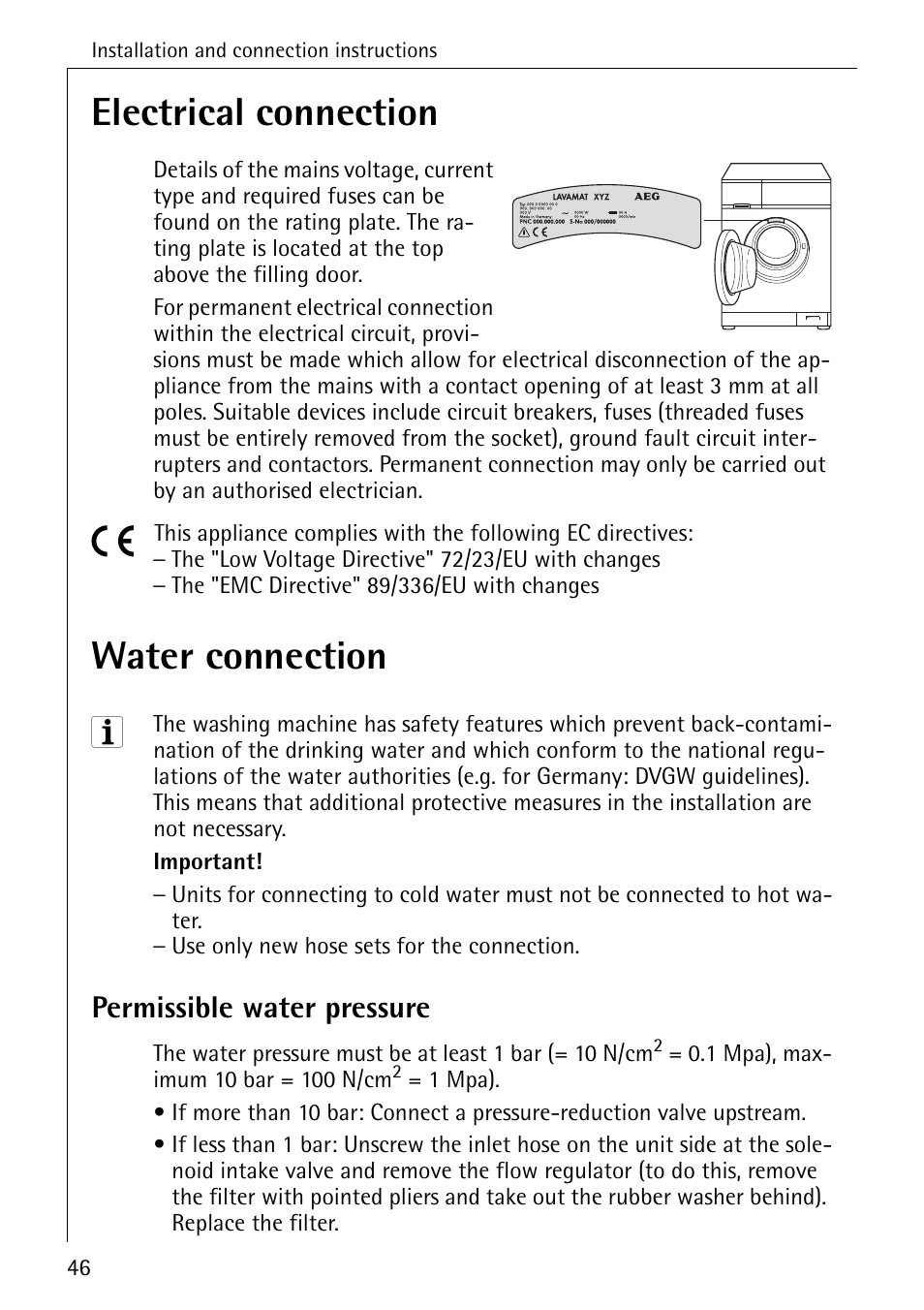 Electrical connection, Water connection, Permissible water pressure | AEG LAVAMAT 72630 User Manual | Page 46 / 56