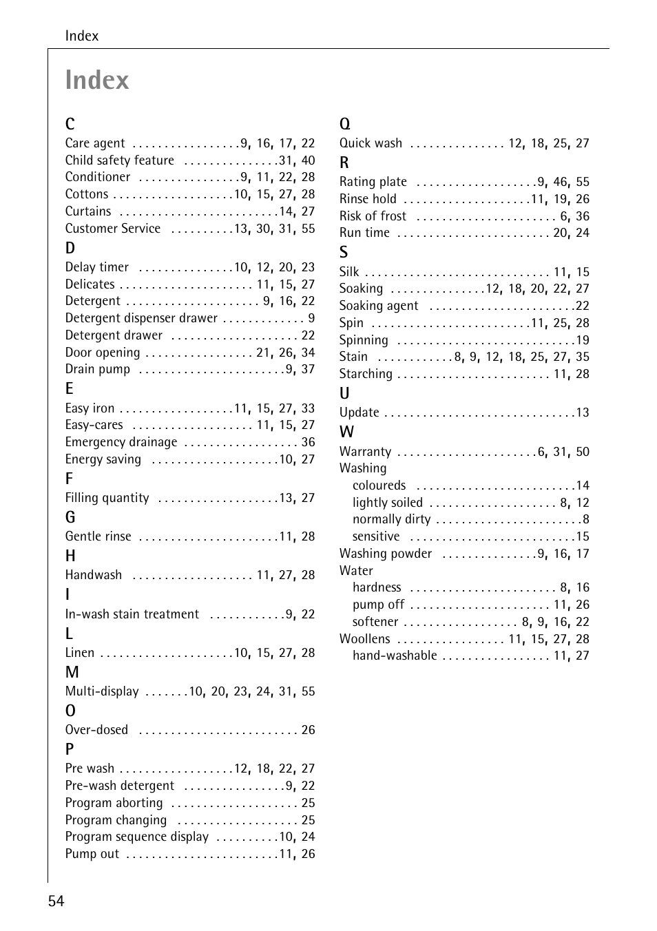 Index | AEG LAVAMAT 72630 User Manual | Page 54 / 56