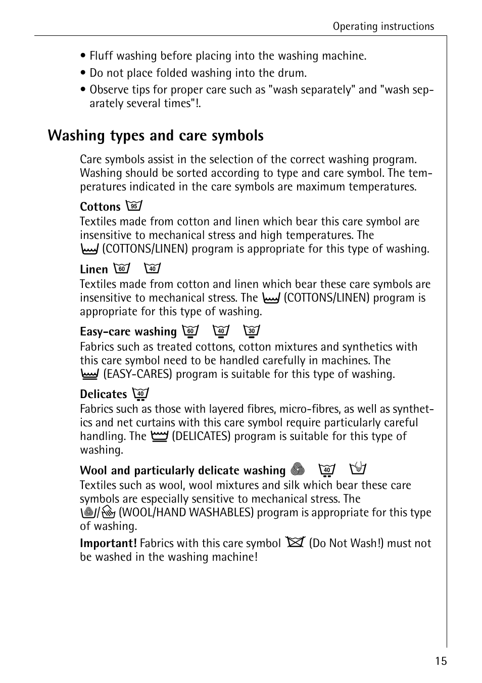 Washing types and care symbols | AEG KO-LAVAMAT 72620 User Manual | Page 15 / 52