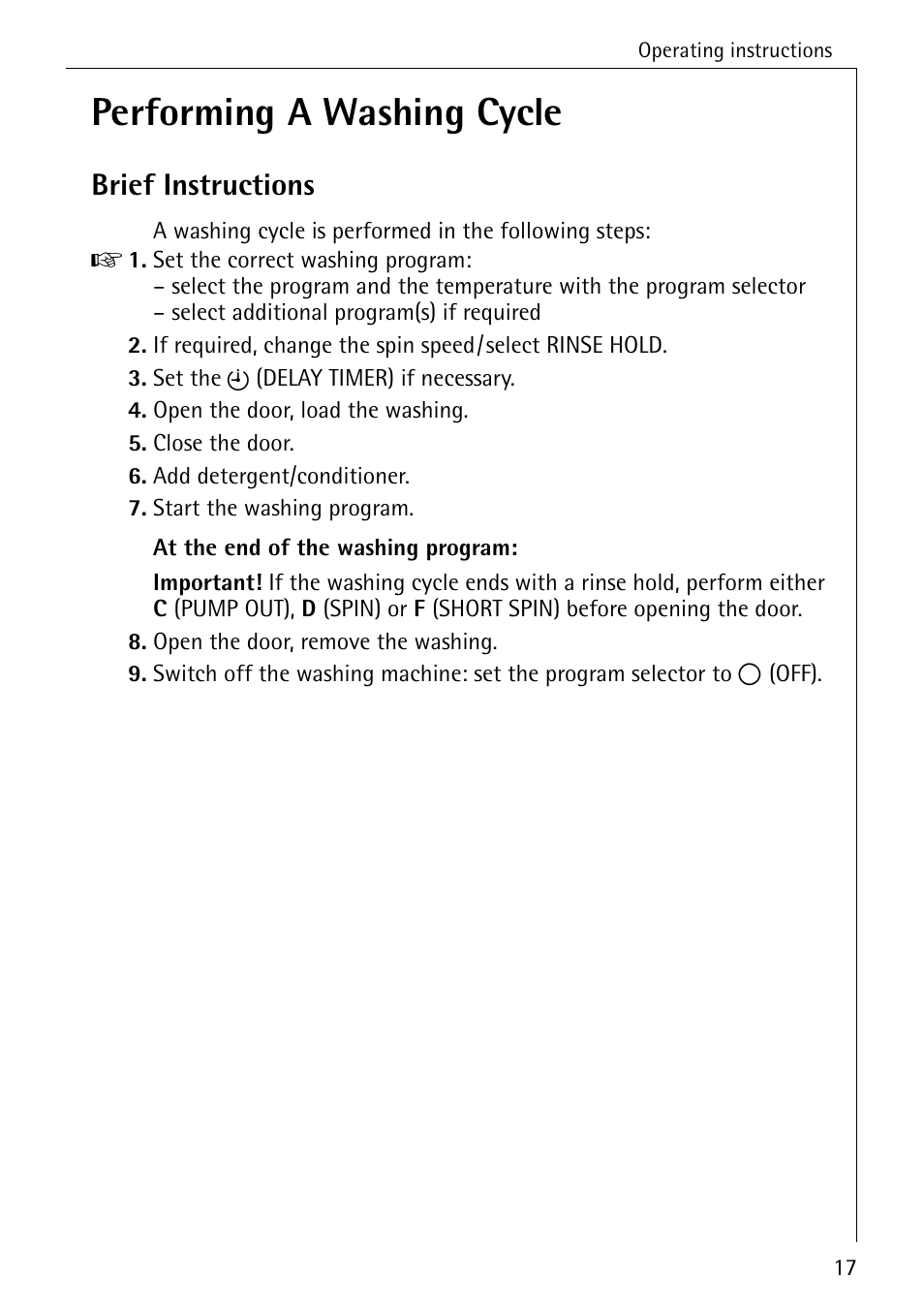 Performing a washing cycle, Brief instructions | AEG KO-LAVAMAT 72620 User Manual | Page 17 / 52