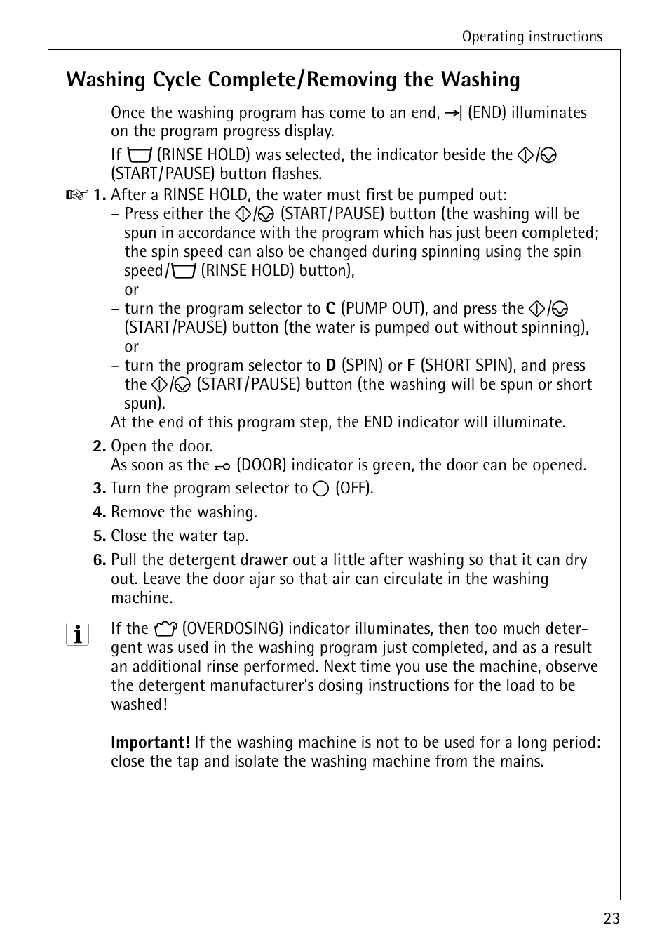 Washing cycle complete/removing the washing | AEG KO-LAVAMAT 72620 User Manual | Page 23 / 52