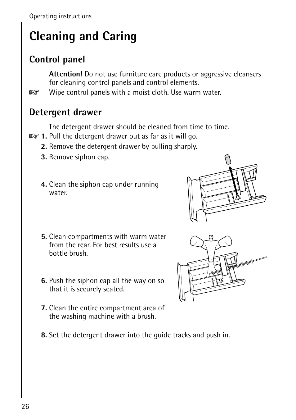 Cleaning and caring, Control panel, Detergent drawer | AEG KO-LAVAMAT 72620 User Manual | Page 26 / 52