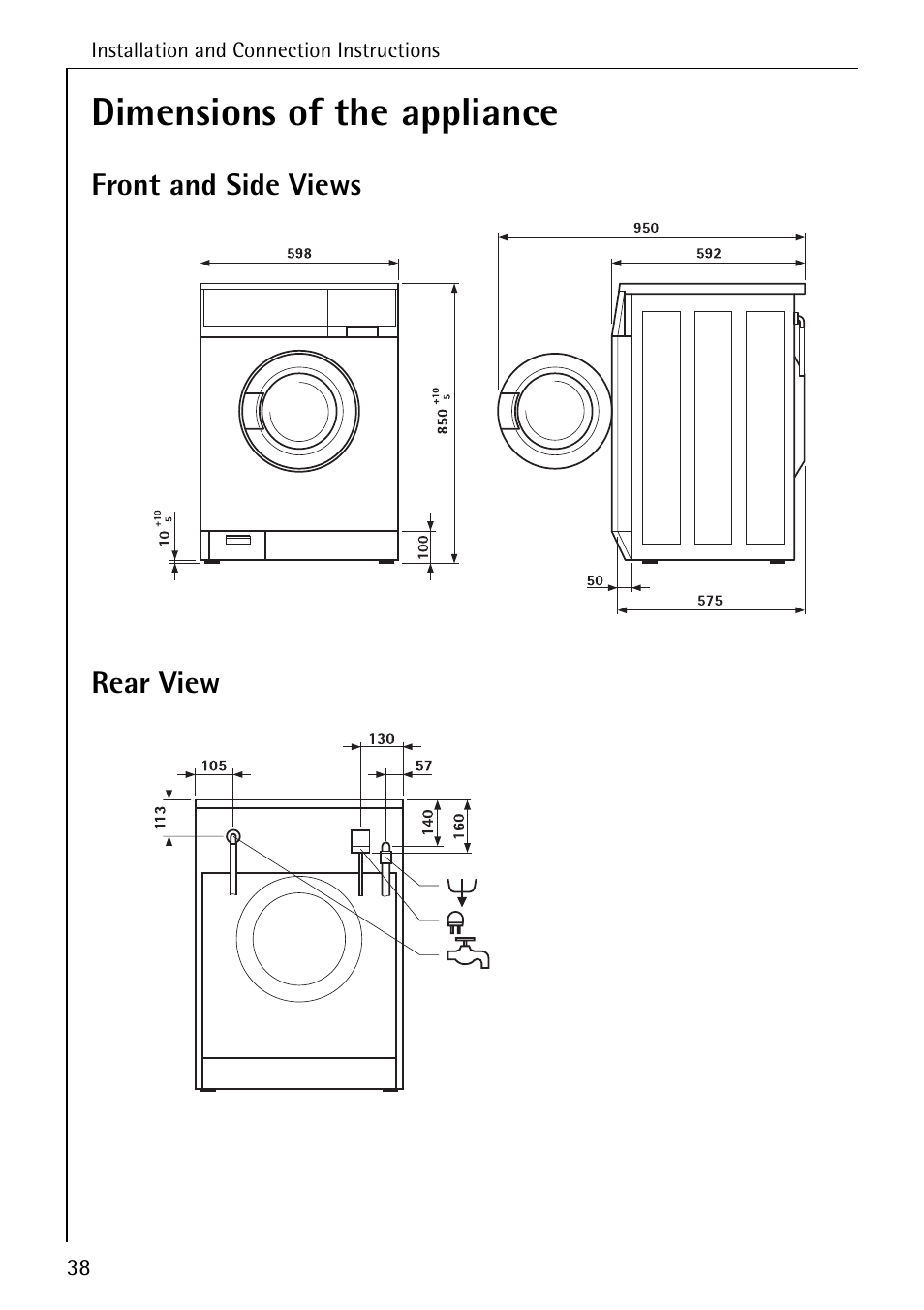 Dimensions of the appliance | AEG KO-LAVAMAT 72620 User Manual | Page 38 / 52