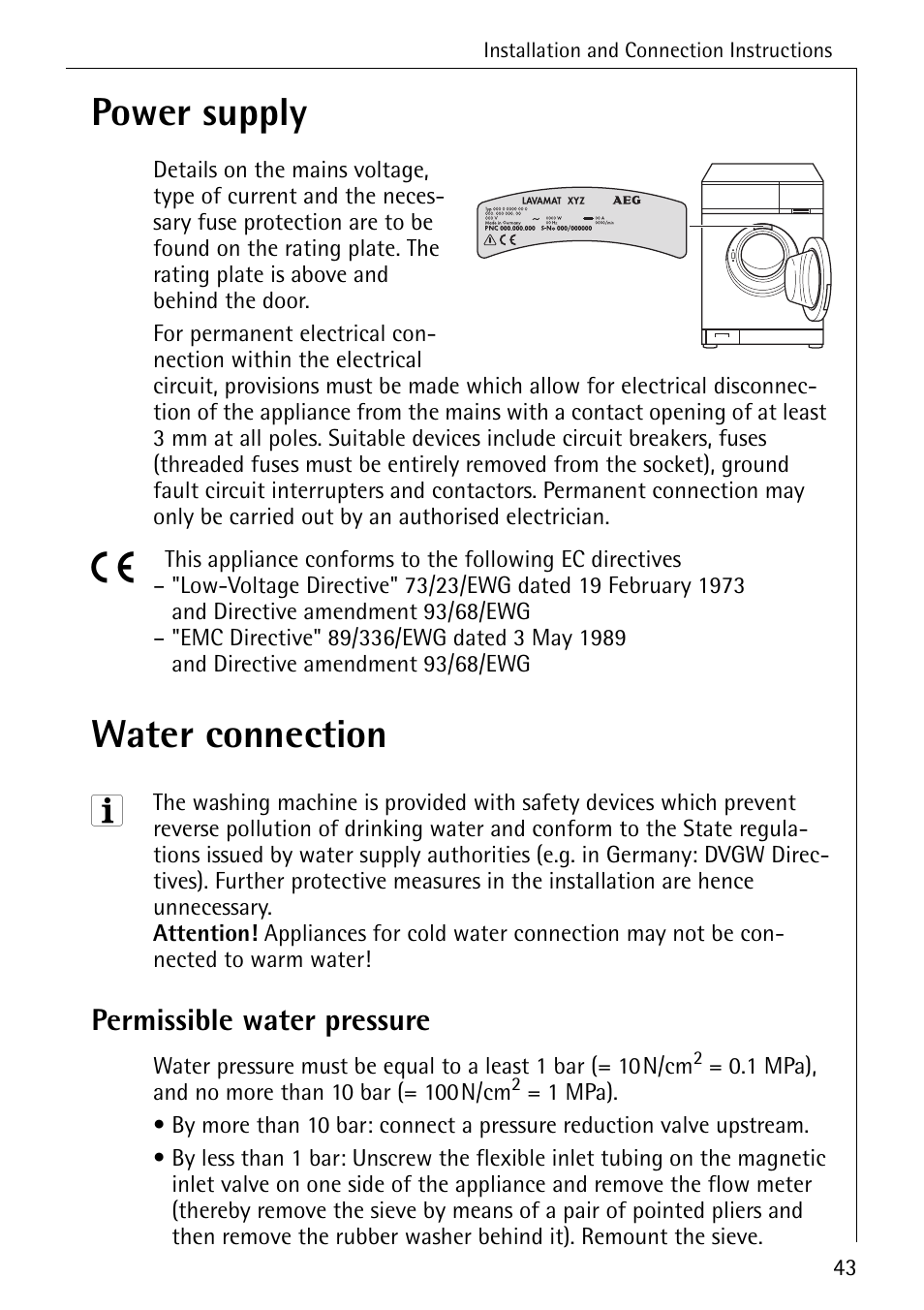 Power supply, Water connection, Permissible water pressure | AEG KO-LAVAMAT 72620 User Manual | Page 43 / 52