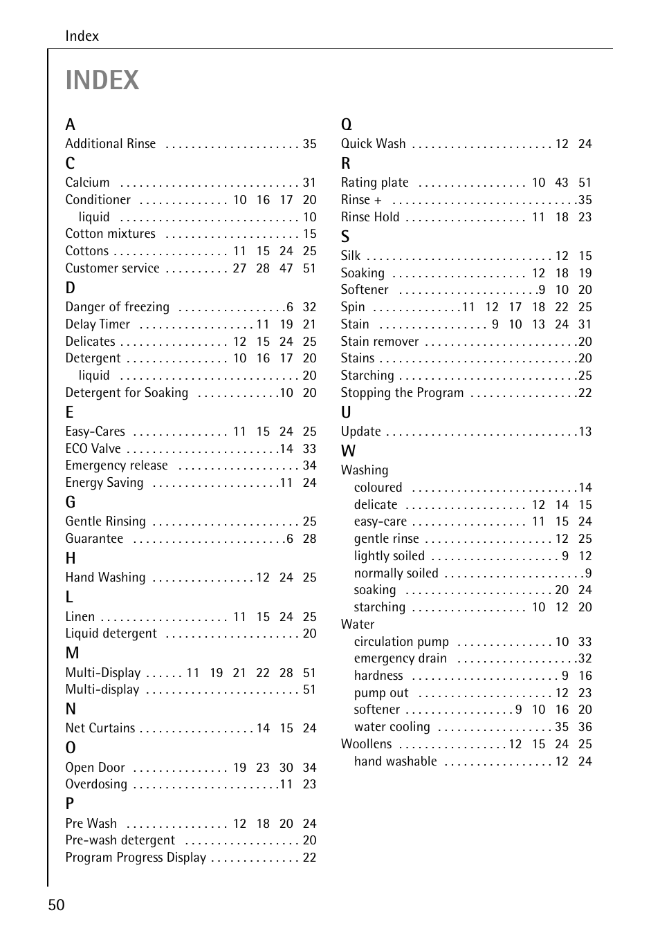 Index | AEG KO-LAVAMAT 72620 User Manual | Page 50 / 52