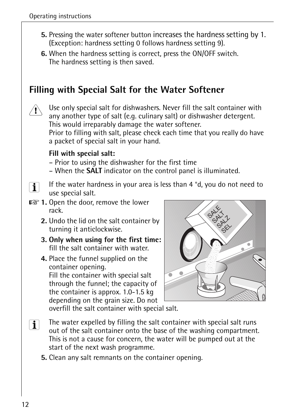 Filling with special salt for the water softener | AEG 4070 User Manual | Page 12 / 44
