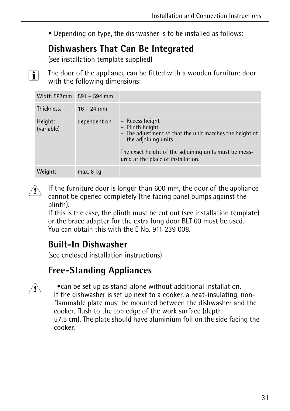 Dishwashers that can be integrated, Built-in dishwasher, Free-standing appliances | AEG 4070 User Manual | Page 31 / 44